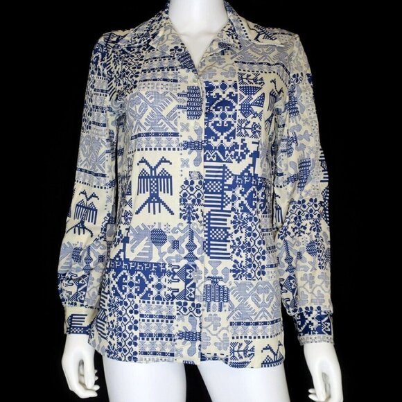 Vintage Devon 70s Atomic Funky Geometric Op-Art Disco Mod Polyester Shirt Small - Picture 1 of 4
